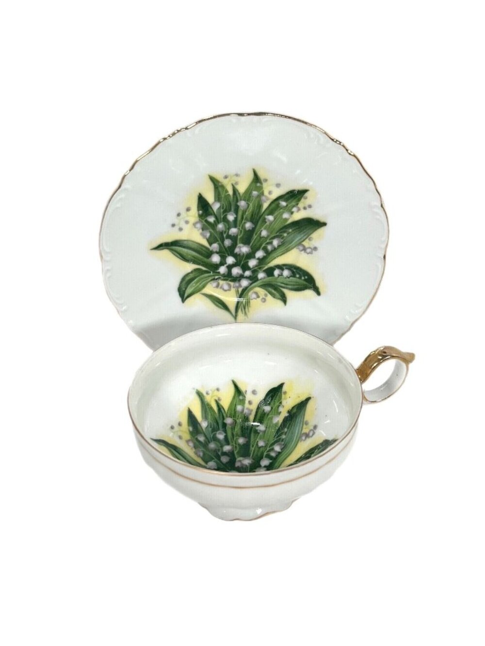 Vtg Norcrest Tea Cup Saucer Set Lily Of The Valley Floral Gold Trim Japan 5/986